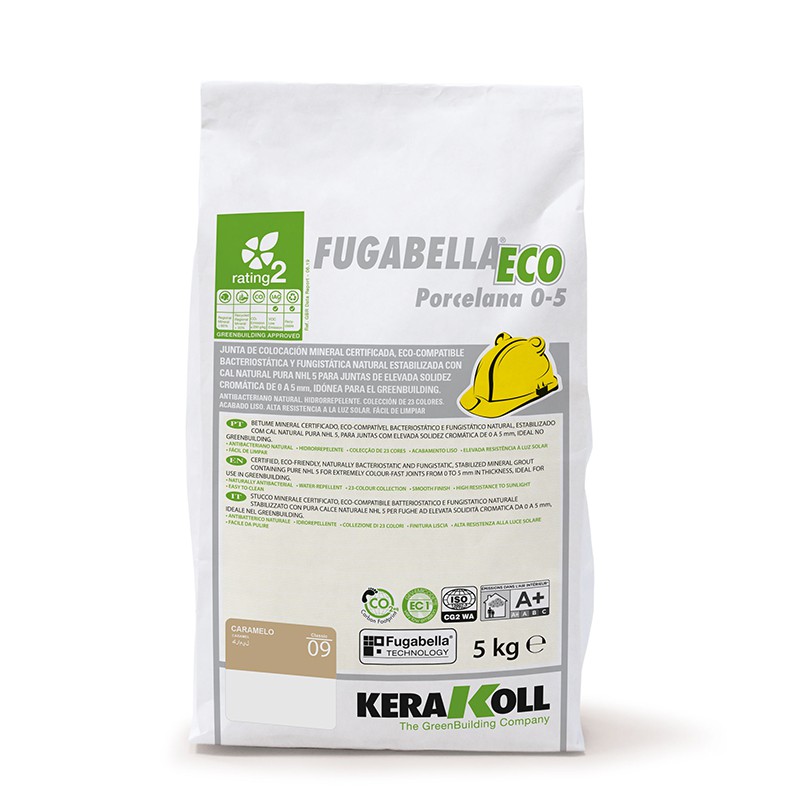 Bolsa con la etiqueta `Fugabella Eco Porcelana 0-5` con marcado ecológico e icono de casco de seguridad, colocado sobre fondo bl