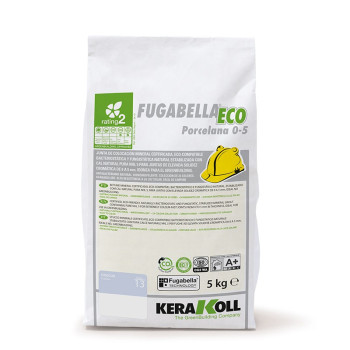 Una bolsa blanca con la etiqueta `FUGABELLA ECO Porcelana 0-5` presenta un ícono de un casco de construcción, descripciones de t