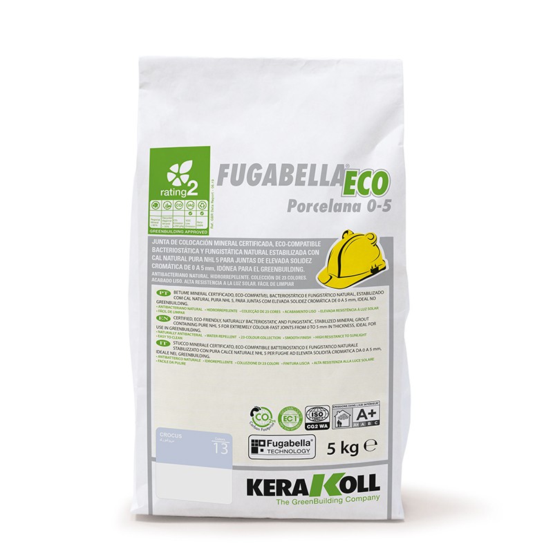 Una bolsa blanca con la etiqueta `FUGABELLA ECO Porcelana 0-5` presenta un ícono de un casco de construcción, descripciones de t