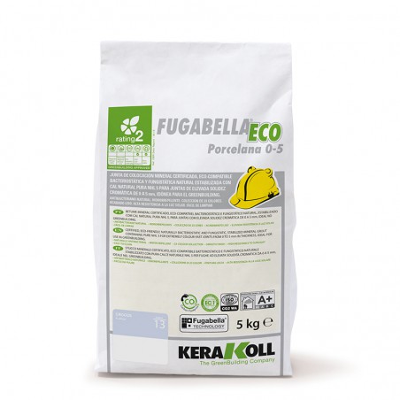 Una bolsa blanca con la etiqueta `FUGABELLA ECO Porcelana 0-5` presenta un ícono de un casco de construcción, descripciones de t