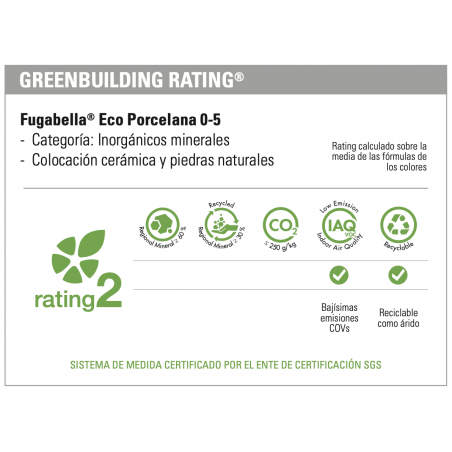 La etiqueta de calificación muestra Greenbuilding Rating® para Fugabella® Eco Porcelana 0-5, destacando categoría mineral, bajas