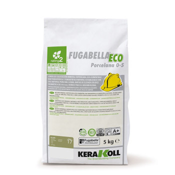 Bolsa blanca con la etiqueta `Fugabella Eco Porcelana 0-5` con un icono de una hoja verde, que contiene cemento-resino ecológico