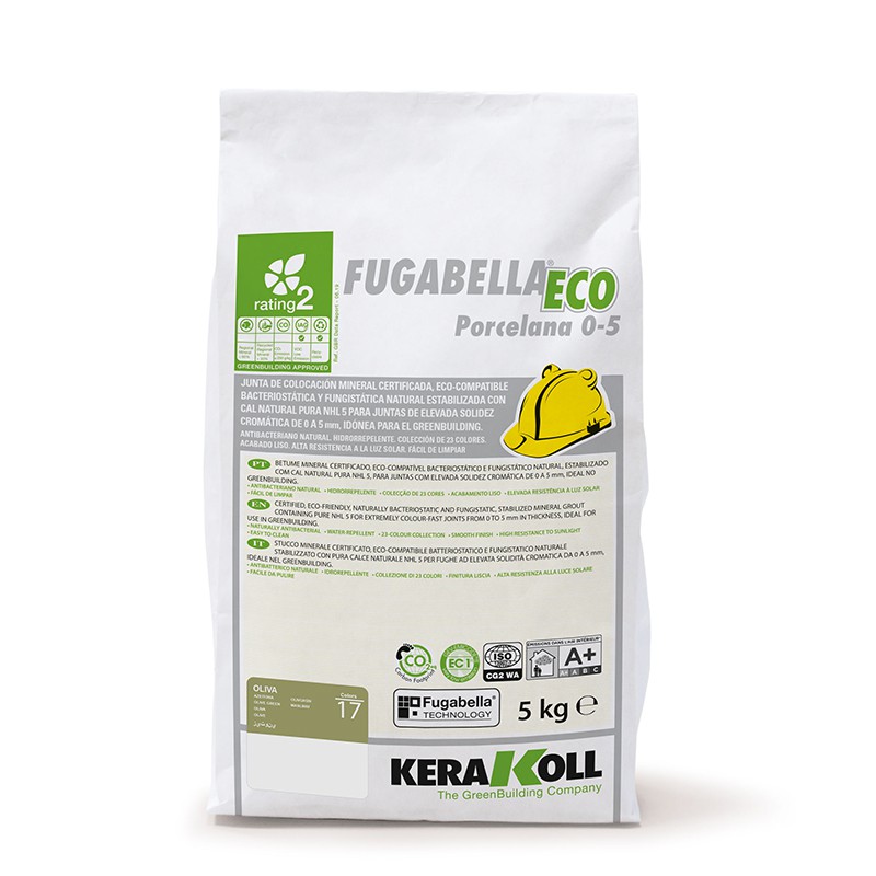 Bolsa blanca con la etiqueta `Fugabella Eco Porcelana 0-5` con un icono de una hoja verde, que contiene cemento-resino ecológico