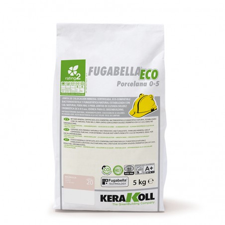 Bolsa blanca con la etiqueta `Fugabella ECO Porcelana 0-5` con iconos de construcción, de 5 kg, de Kerakoll. El texto incluye ca