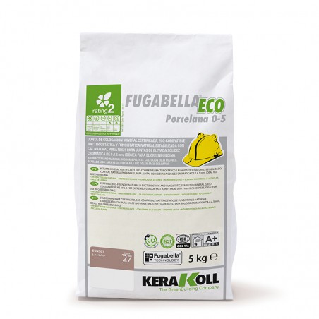 Bolsa rotulada `Fugabella ECO Porcelana 0-5`, de Kerakoll, con texto en verde y gris, icono de casco amarillo, peso 5 kg. Bolsa rotulada `Fugabella ECO Porcelana 0-5`, de Kerakoll, con texto en verde y gris, icono de casco amarillo, peso 5 kg.