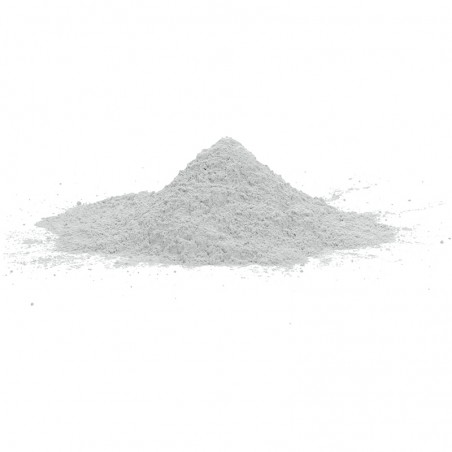 Grijs poeder vormt een kleine heuvel, rustend op een glad, wit oppervlak, in een minimalistische setting. Grijs poeder vormt een kleine heuvel, rustend op een glad, wit oppervlak, in een minimalistische setting.