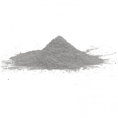 Gray powdery resin-cement is piled on a plain white surface, surrounded by scattered particles, indicating readiness for mixing.
