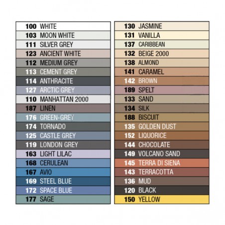 Cuadrícula que muestra 45 muestras de colores con nombres y números asociados, que van desde blancos, grises, azules hasta tonos