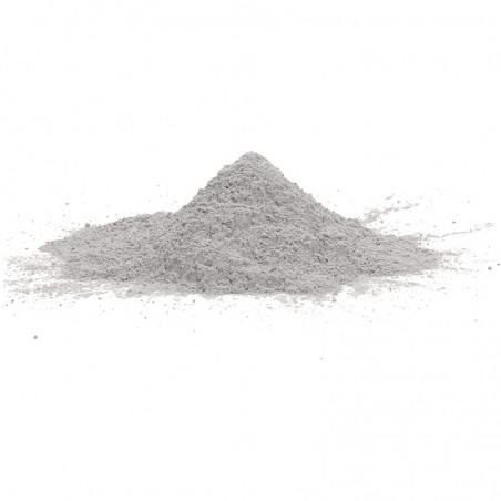 Una pila cónica de polvo fino y gris descansa sobre una superficie blanca, lo que sugiere que está listo para su uso en la const