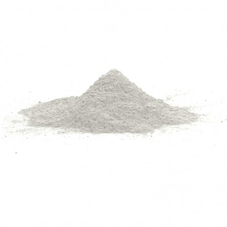 A small, conical pile of fine, gray powder on a plain white background, appearing isolated and untouched.