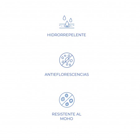 Icons depicting water resistance, anti-efflorescence, and mold resistance features are shown. Text reads: `HIDRORREPELENTE,` `AN