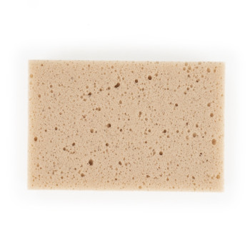 Uma esponja retangular bege, coberta de pequenos buracos, fica plana sobre um fundo branco liso.