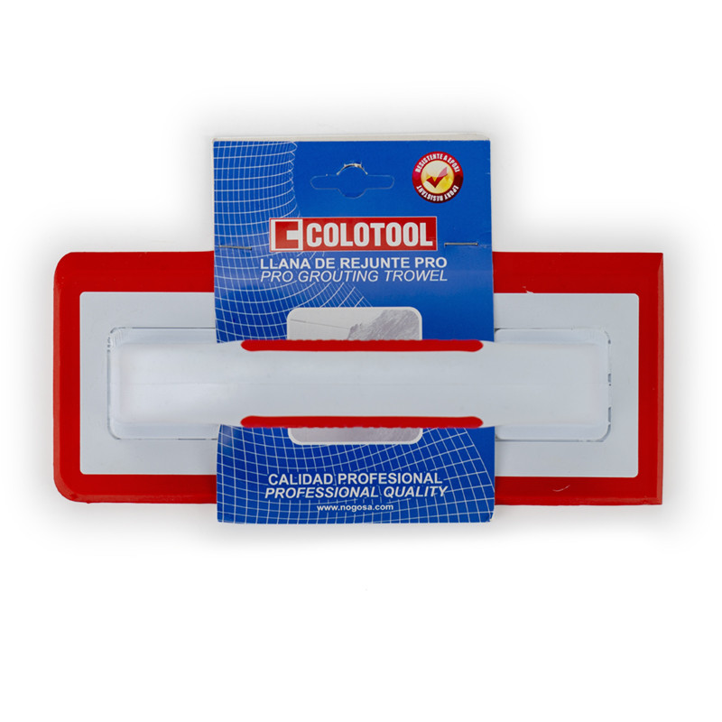 Auf einer blauen Verpackungskarte ist eine rot-weiße Fugenkelle befestigt. Der Text enthält: „COLOTOOL LLANA DE REJUNTE PRO PRO 