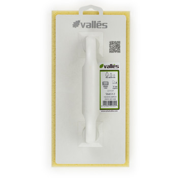 Een witte troffel met een plastic handvat is gemonteerd op een gele spons, verpakt met branding. De tekst omvat: `vallés`, `Ref: