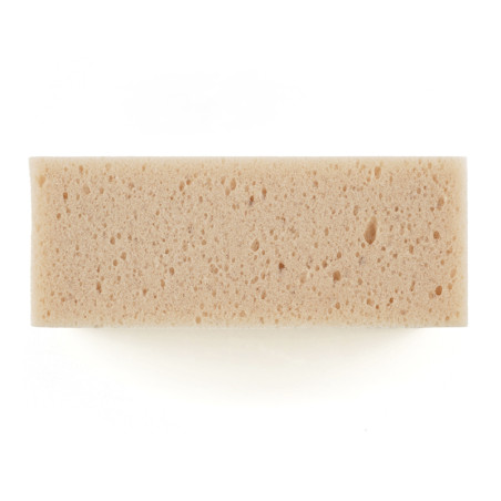 Een beige, rechthoekige spons met een poreuze textuur bevindt zich tegen een effen witte achtergrond.