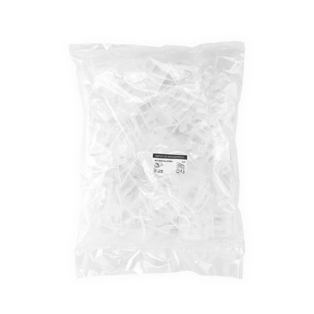 Un sac en plastique transparent et scellé contenant plusieurs petits clips blancs, étiquetés avec : « Système de nivellement de 