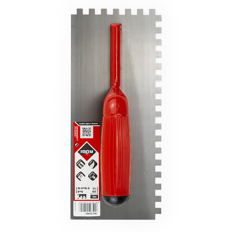 Una paleta dentada rectangular con mango rojo se encuentra sobre un fondo blanco. El texto incluye: `1801`, `205x95 8x8`, código