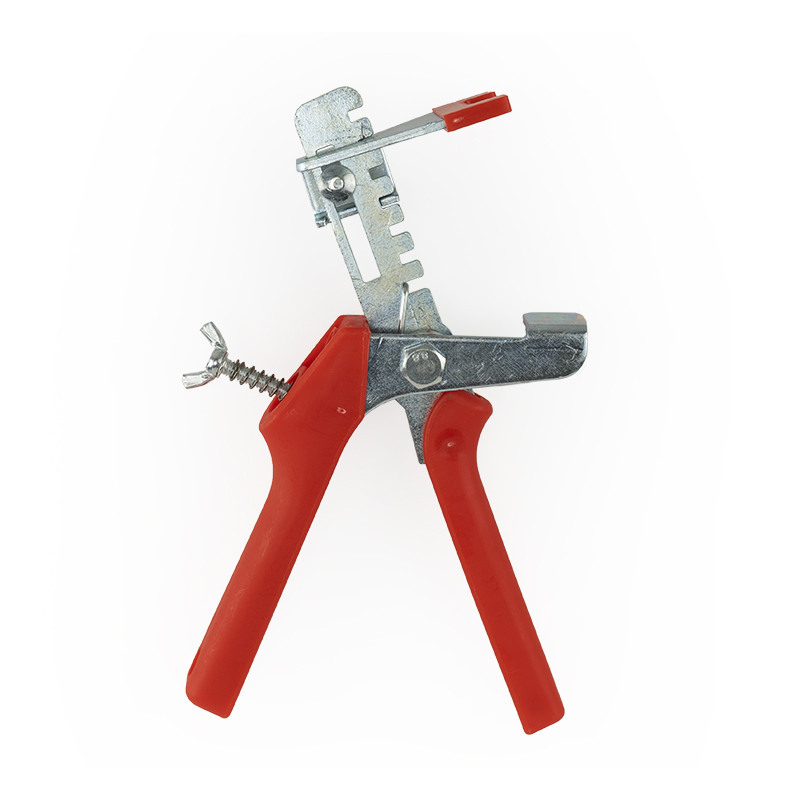 Een metalen tegelnivelleertang met rood handvat en een verstelbaar veermechanisme staat rechtop tegen een witte achtergrond, ont