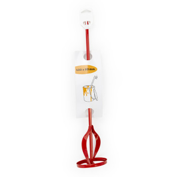 Un mezclador de pintura roja con un diseño helicoidal se muestra verticalmente. Está empaquetado con una etiqueta que muestra un