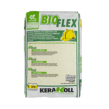 Saco de adesivo Kerakoll BioFlex em posição vertical, com marca verde e amarela. Texto: `Adesivo Mineral Eco-Compatível com baix