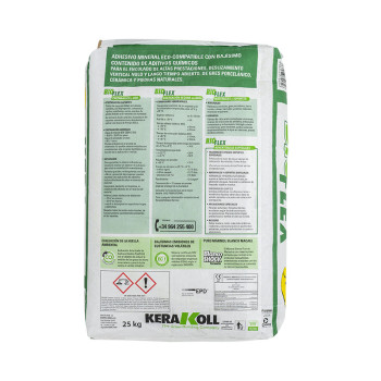 Saco de adesivo Kerakoll BioFlex em posição vertical, com marca verde e amarela. Texto: `Adesivo Mineral Eco-Compatível com baix