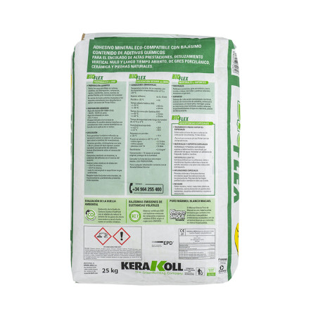 A sacola exibe um produto de 25 kg com a etiqueta `KERAKOLL` na parte inferior. Inclui texto detalhado sobre instruções de aplic