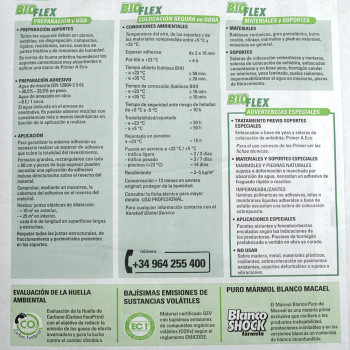 Das Bild zeigt eine Informationsbroschüre für „BIOFLEX“-Klebeprodukte. Es enthält Einzelheiten zur Vorbereitung, Anwendung, Umge