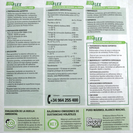 Das Bild zeigt eine Informationsbroschüre für „BIOFLEX“-Klebeprodukte. Es enthält Einzelheiten zur Vorbereitung, Anwendung, Umge