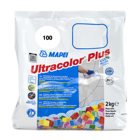 Una bolsa de plástico blanca con la etiqueta `Mapei Ultracolor Plus 100` muestra cuadrados de colores. utilizado para lechada de