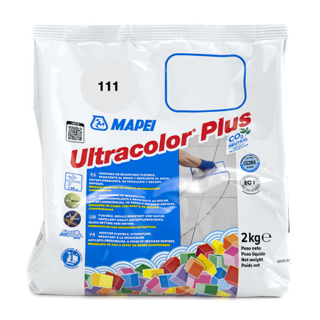 Una bolsa blanca con la etiqueta `Mapei Ultracolor Plus` muestra mosaicos de colores. El texto incluye: `111`, `2 kg`, `CO2 neut