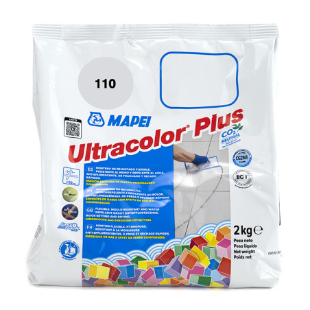 El paquete muestra el cemento de resina MAPEI Ultracolor Plus aplicado a losetas, con logotipos y texto en italiano. Peso neto: 