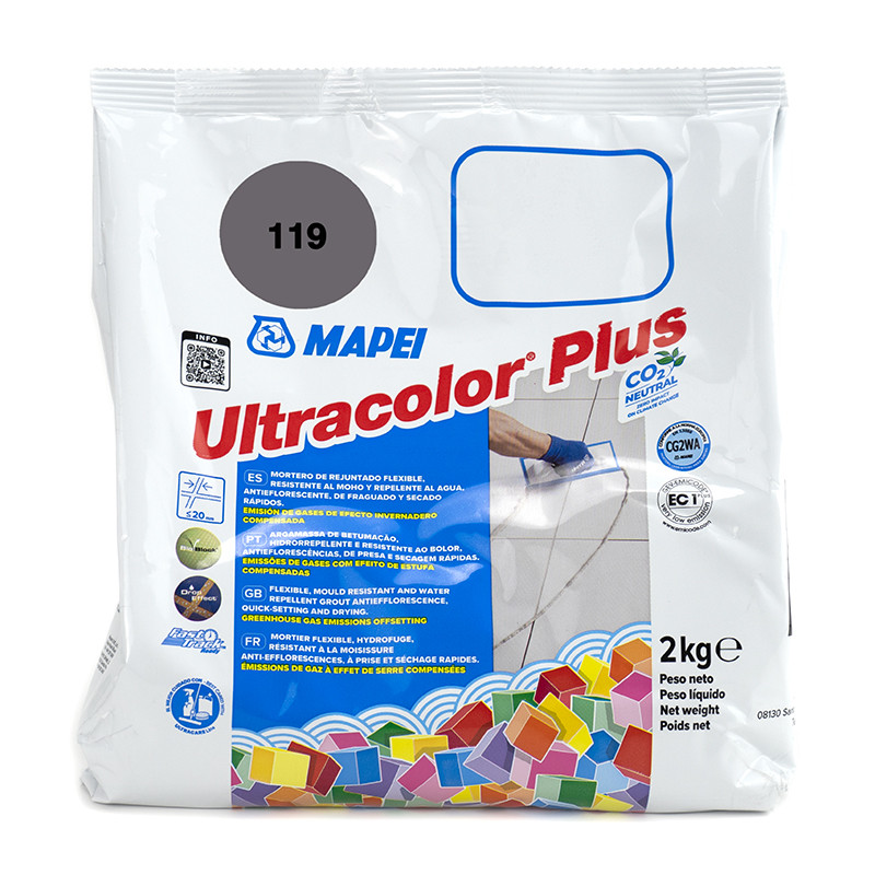 Pakket met Mapei Ultracolor Plus-voeg, met het opschrift `119`, met een gewicht van 2 kg, met kleurrijke tegels en toepassingsdi