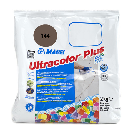 Una bolsa blanca con la etiqueta `Mapei Ultracolor Plus 144` presenta gráficos coloridos y contiene 2 kg de cemento de resina, c