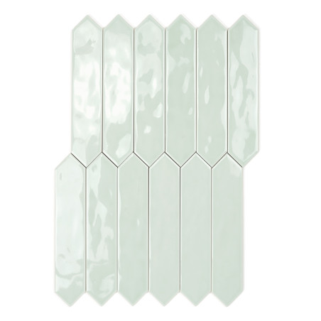Glossy green elongated hexagonal tiles arranged in a staggered vertical pattern, reflecting light and creating an elegant textur