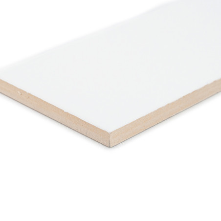 Un carreau de céramique blanche rectangulaire à la surface lisse est posé en angle, mettant en valeur ses bords beiges, sur un f Un carreau de céramique blanche rectangulaire à la surface lisse est posé en angle, mettant en valeur ses bords beiges, sur un f