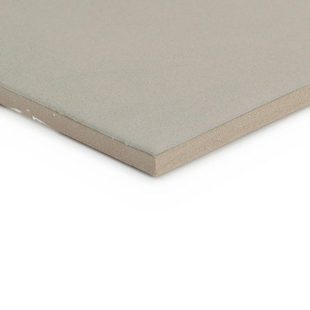 A flat, square, light gray tile sits on a white background, showcasing its smooth surface and bevelled edge, creating a minimali