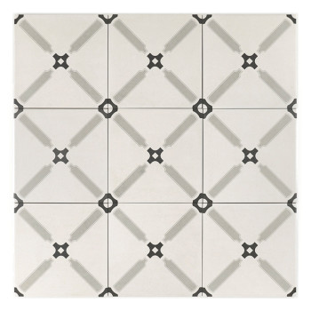 Un carreau carré présente un fond gris clair avec des motifs géométriques symétriques noirs et gris ressemblant à des formes all