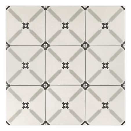 Een symmetrisch patroon toont grijze en donkergrijze geometrische vormen die in elkaar grijpende diamanten en kruisen vormen op Een symmetrisch patroon toont grijze en donkergrijze geometrische vormen die in elkaar grijpende diamanten en kruisen vormen op
