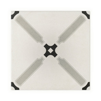 Een vierkante tegel heeft een lichtgrijze achtergrond met symmetrische zwarte en grijze geometrische patronen die lijken op lang