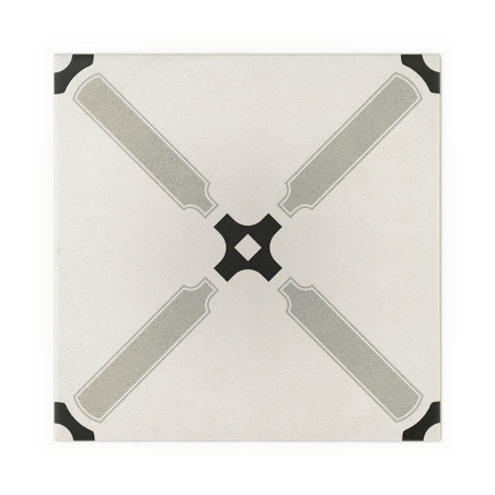 A square tile features a light gray background with symmetrical black and gray geometric patterns resembling elongated shapes, f