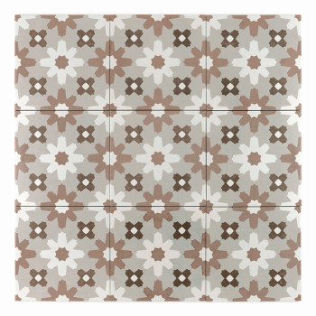 Les carreaux carrés présentent un motif d'étoile symétrique composé de formes géométriques imbriquées dans des tons terreux de b