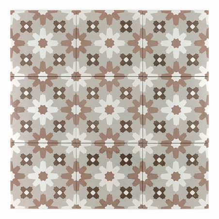 Een raster van negen vierkante tegels heeft een ingewikkeld geometrisch patroon in bruin- en crèmetinten, waardoor een symmetris Een raster van negen vierkante tegels heeft een ingewikkeld geometrisch patroon in bruin- en crèmetinten, waardoor een symmetris