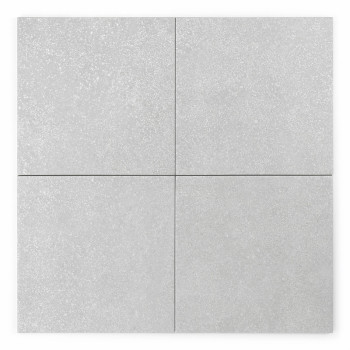 Un carreau carré gris clair présente une surface texturée avec des motifs mouchetés, sur un fond blanc uni.