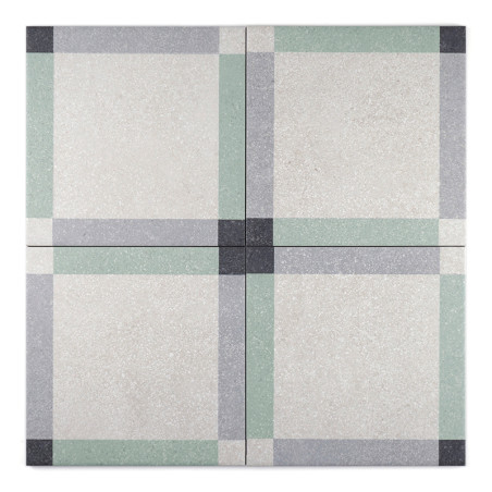 Un azulejo cuadrado con un fondo crema presenta líneas que se cruzan en verde claro y gris, formando un patrón de cuadrícula, cr Un azulejo cuadrado con un fondo crema presenta líneas que se cruzan en verde claro y gris, formando un patrón de cuadrícula, cr