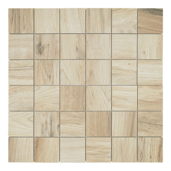 Neuf carreaux carrés présentent des motifs de grain de bois clair, disposés en grille, créant une apparence naturelle et uniform