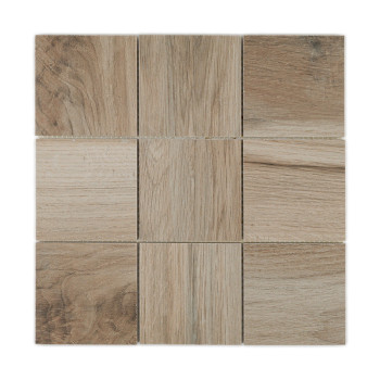 Neuf carreaux carrés disposés dans une grille 3x3, présentant un motif de grain de bois brun clair. Les carreaux sont uniforméme