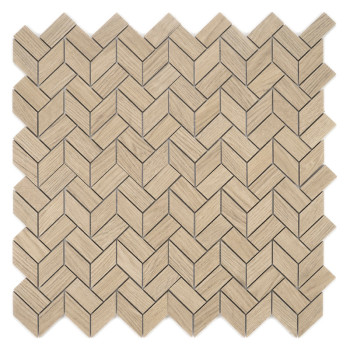 Les carreaux à motifs de bois forment un motif à chevrons, créant un effet visuel tissé. Les carreaux présentent des tons brun c
