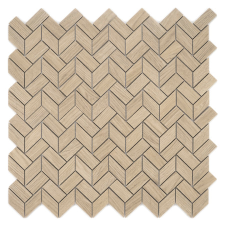Los azulejos de madera hexagonales forman patrones de chevrones entrelazados, creando una ilusión de profundidad. El acabado de 