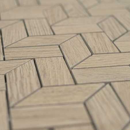 Les carreaux texturés en bois forment un motif géométrique imbriqué, créant un sol visuellement dynamique et texturé dans un env