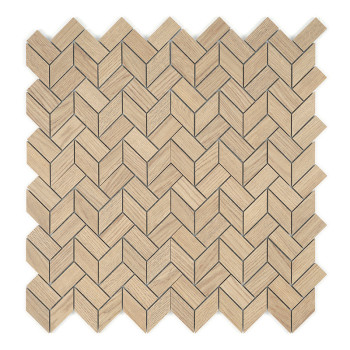 Houten tegels vormen een visgraatpatroon, diagonaal in elkaar grijpend met beige en bruine tinten, waardoor een geometrisch, ges